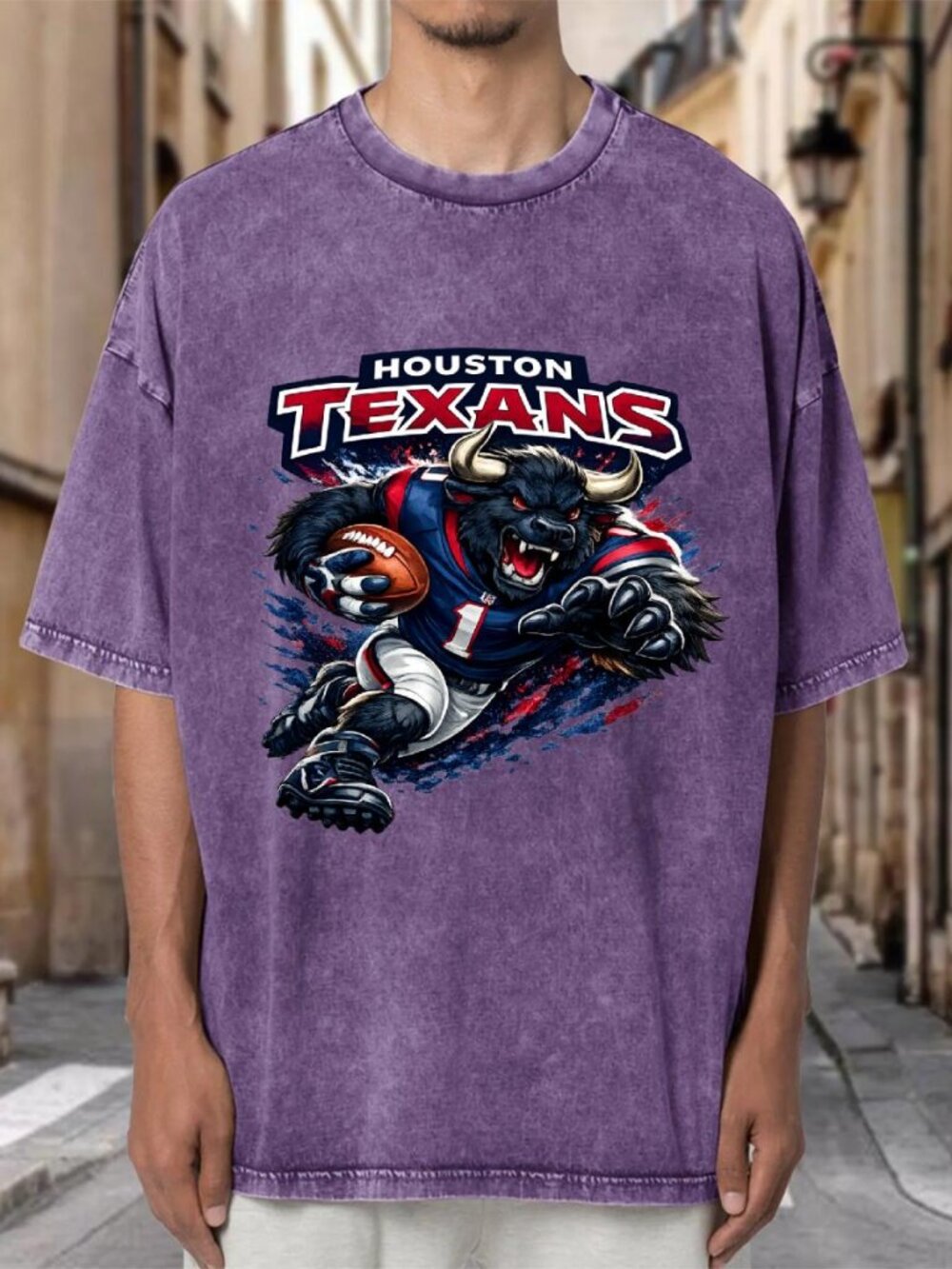 Houston Texans Bull Mascot NFL Purple Mineral Wash Oversized Tee NMJJNK8H2O04